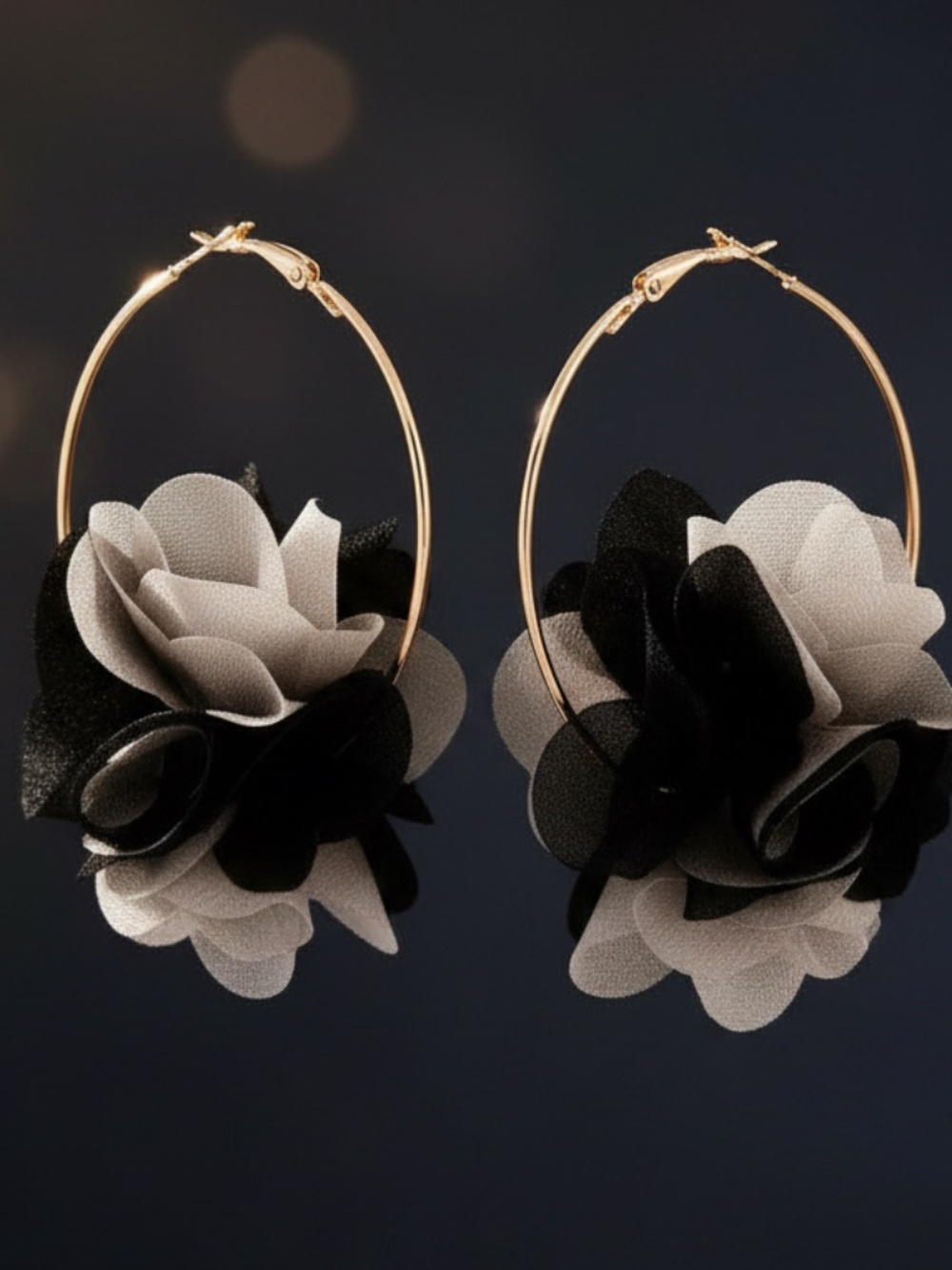 Womens Gold Tone Hoop Black Gray Flower Earrings